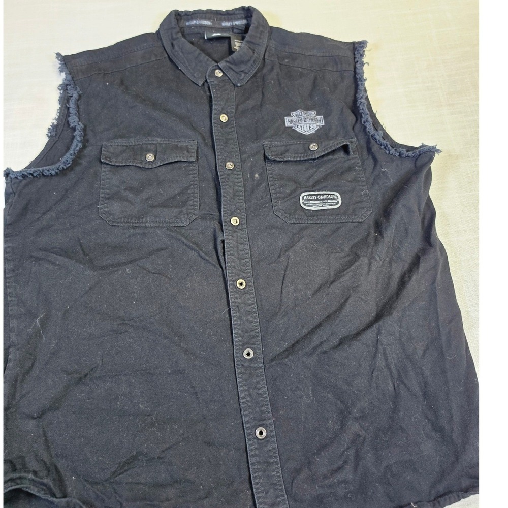 Harley-Davidson Mens Black Sleeveless Button Down Shirt Frayed Biker Vest L